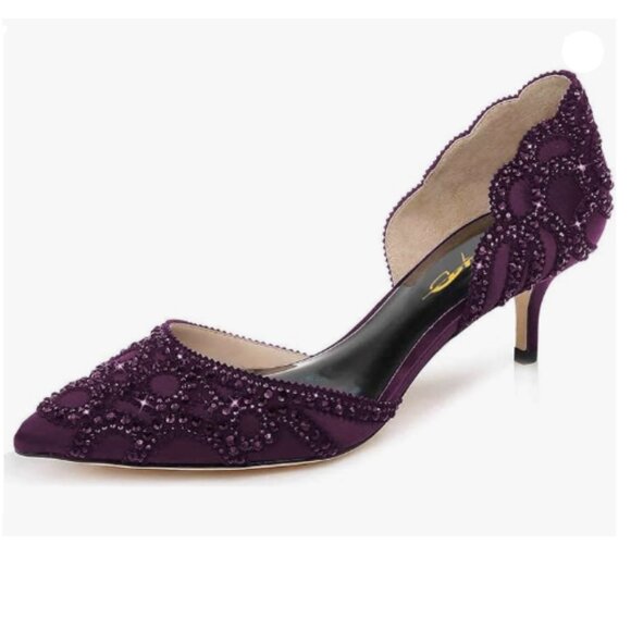 XYD Women's Pump, Elegant Pointed Toe, Kitten Low Heels, Rhinestone Studs Purple - Picture 1 of 8